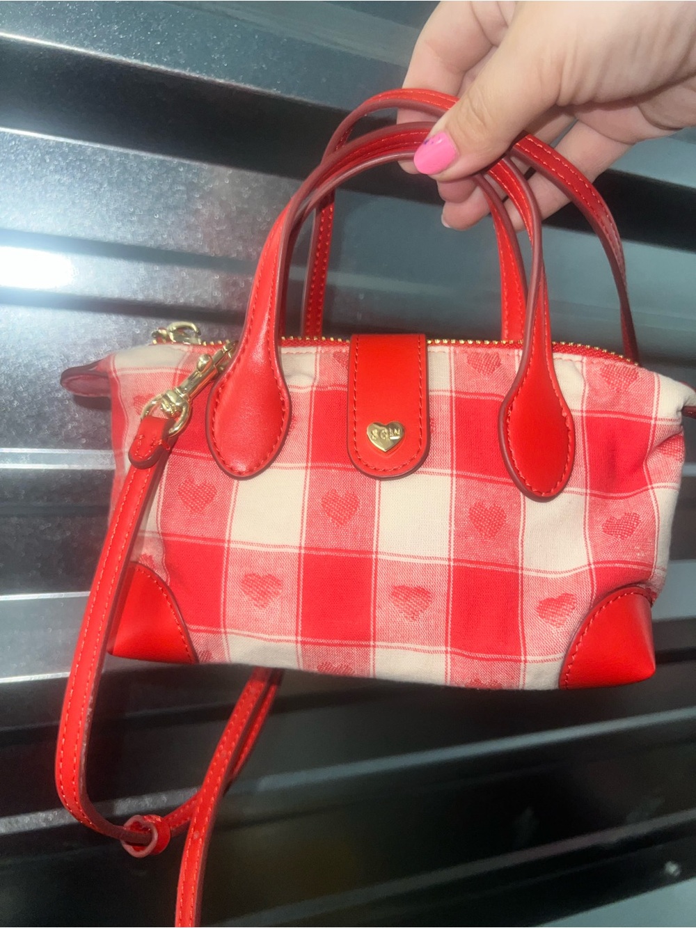 Stoney clover lane Red Plaid Heart-Print Mini Satchel